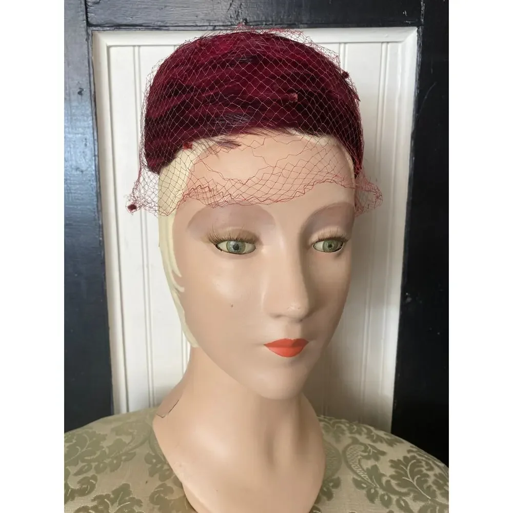 vintage 1960s maroon feather pillbox hat, 60s fashion, bird millinery, net veil